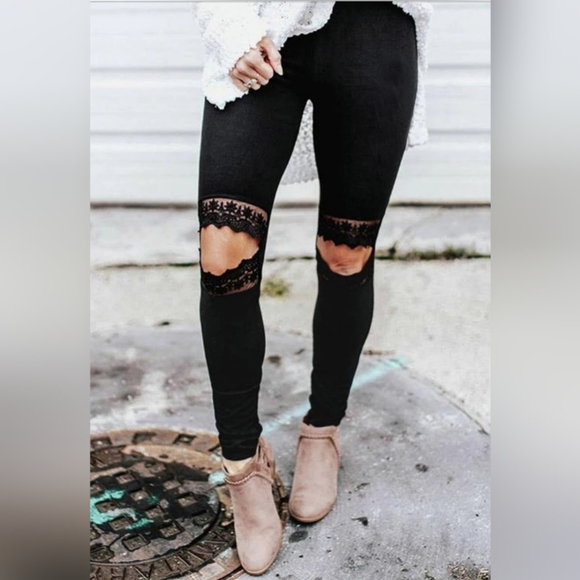 Lace Open Knee Black Leggings - Picture 2 of 4